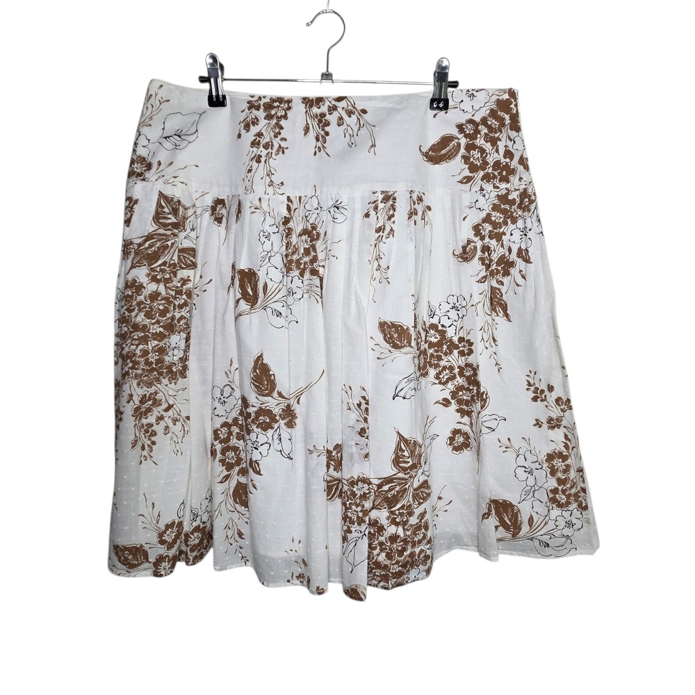 AGB Womens White Brown Floral Swiss Dot Pleated Midi Skirt Size 14 Romantic Fall